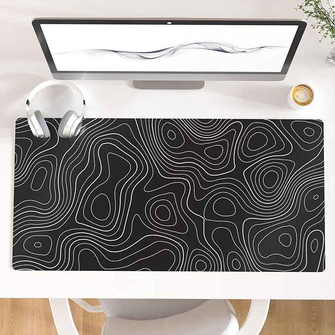 Colorful Star Large Mouse Pad, Black Topographic Desk Mat Office Supplies, Waterproof Faux Leather Big Gaming Mousepad, Black Topography Map Desk Pad Home Office Décor Accessories 31.5" x 15.7"