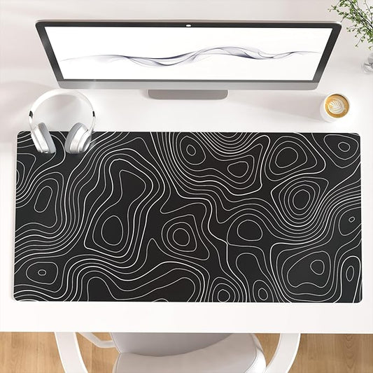 Colorful Star Large Mouse Pad, Black Topographic Desk Mat Office Supplies, Waterproof Faux Leather Big Gaming Mousepad, Black Topography Map Desk Pad Home Office Décor Accessories 31.5" x 15.7"