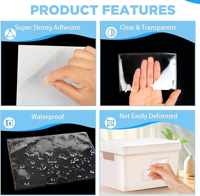 56 Pack Clear Self-Adhesive Pockets, 3" x 5" Index Card Pockets with Top Open Loading, PVC Label Holders for Organizing Storage Bins, Library Card, Drawer, and Protecting Your Cards