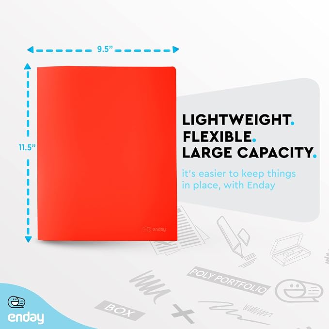 Folders with 2 Pockets Red, Colored Plastic File School Folder Letter Size, Heavy Duty Poly Portfolio Folder with Two-Pockets, Also Available in Purple, Green, Blue, Pink, and Grey, 1 Pc - By Enday