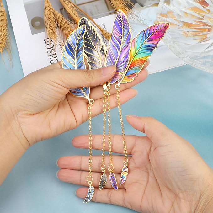 JSRQT 4Pcs Feather Metal Bookmark for Reading,Unique Page Markers Bookmarks with Chain Pendant,Book Mark Reading Accessories Gifts for Book Lovers Readers Women Men