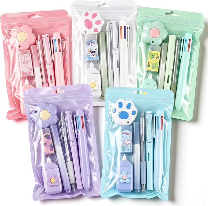 Sayglossy 5 Sets 7 Pcs Kawaii Stationery Set Cute Stationery Mini Office Supply Kit Cute School Supplies Including Ballpoint Pens Pencil Sharpener Highlighter Correction Tape Ruler Utility Knife