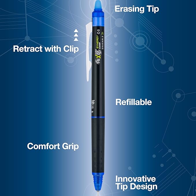 PILOT FriXion Synergy Clicker Retractable & Erasable Gel Ink Pens, 0.5mm Extra Fine Point, Blue Ink, 6-pack