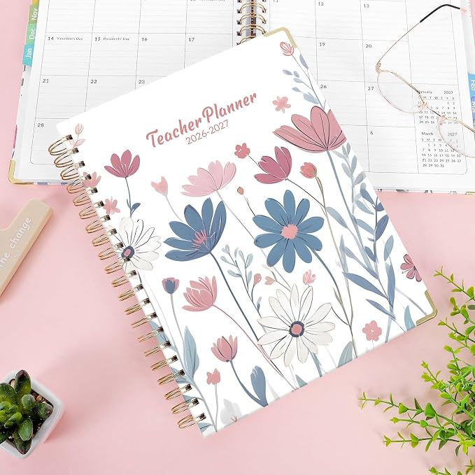 SKYDUE Teacher Planner 2026-2027 Academic Year, 8.5" x 11" Deluxe Teacher Lesson Planner with Monthly Tabs & Stickers, Lesson Plan Book 26-27, FloralB