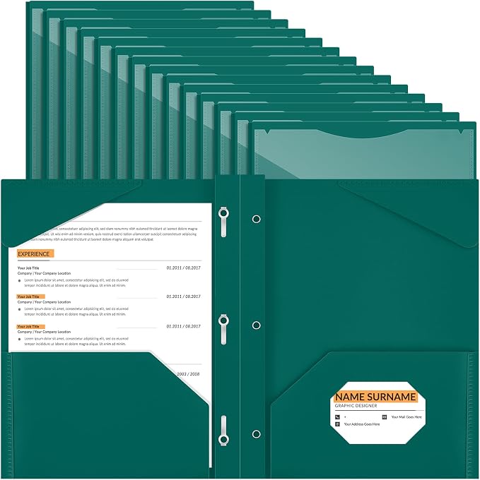 Henoyso 36 Pcs Plastic Folder with Clear Front Pocket and 3 Prong Plastic Folders with Card Slot Pocket Folders with Prongs for School Office (Forest Green)