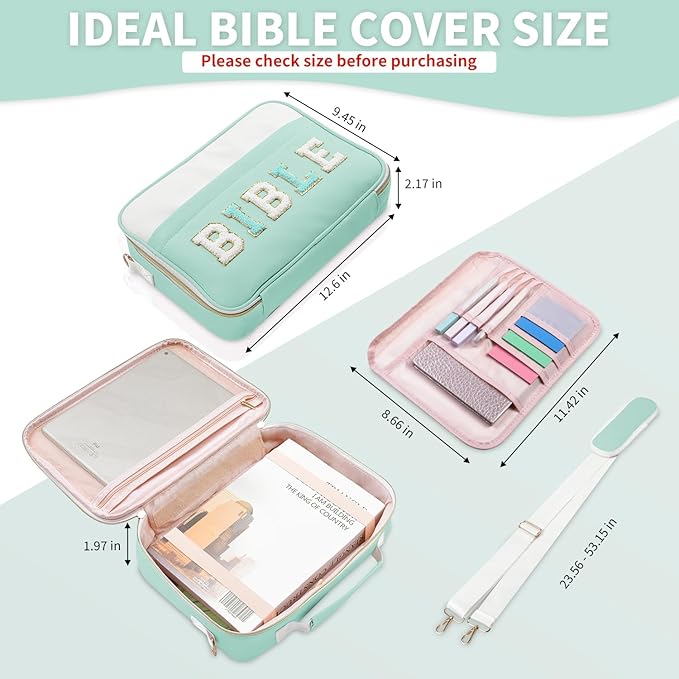 KOPKOFT Bible Cover Case for Women, Large Chenille Letter Leather Bible Case with Bible Study Accessories, Bible Study Supplies Bible Journaling Kit, Christmas Christian Gift for Women Girls (Green)