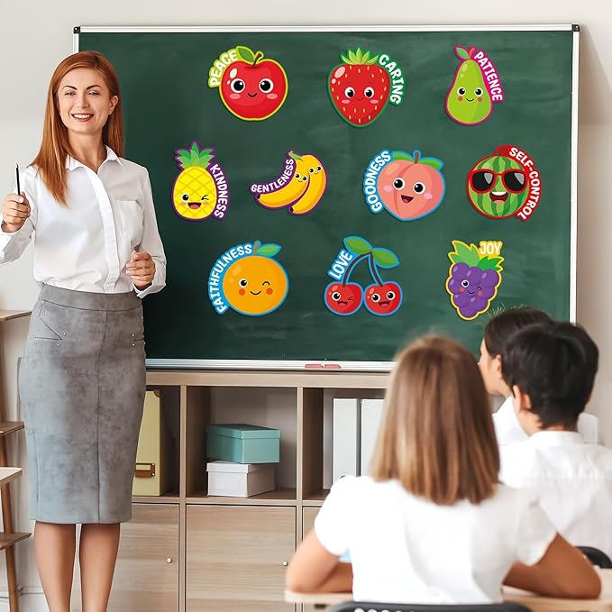 60Pcs Fruit of The Spirit Christian Bulletin Board Set VBS Vacation Bible Religious Accents Cutouts Sunday School Christian Kids Classroom Wall Art Decor Back to School Teacher Supplies