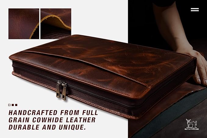 Genuine Leather Business Portfolio Padfolio Folder with Zipper for Men, Men's Leather Padfolio Folder for 13" Laptop, Business Portfolio for Letter Size Notepad, Graduation Gift，Oil Wax