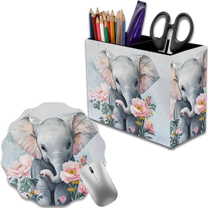 Pen Holder for Desk, PU Leather Multifunctional Desktop Storage Box and Anti-Slip Mouse Pad Set, Makeup Brush Holder Pen Organizer for Office and Home - Little Elephant Flower