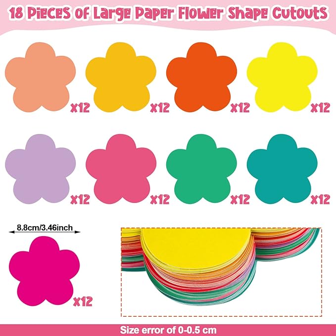 Geyee 108 Pcs Colorful 3.5 Inch Flower Cutouts Paper Spring Summer Bulletin Board Decorations Flowers Die Cut for Crafts DIY Teachers School Office Chalkboard Wall Decor