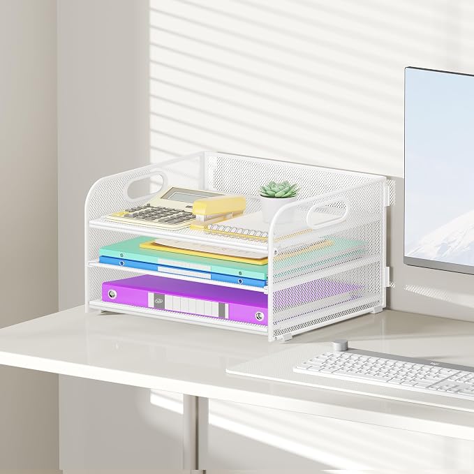 Cawukege 3 Tier Paper Organizer with Handle, Metal Desk Organizer Mesh Paper Letter Tray Desktop File Folder Document Sorter for Classroom, School, Office Accessories Storage (1, White)
