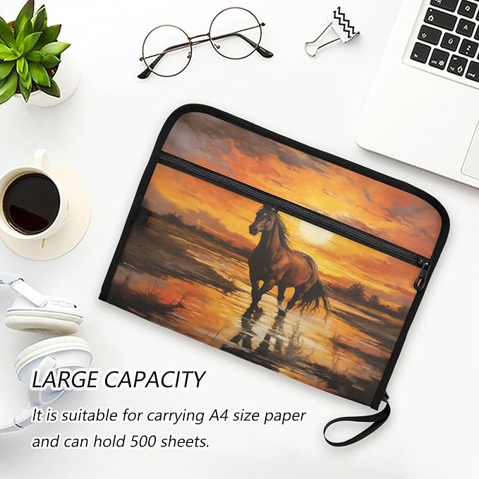 ALAZA Horse at Sunset Expanding Filing Folder, 13 Pockets Expandable Document Organizer Folder with Zipper Closure for Home Office A4 Letter Size Paper Document