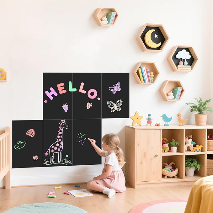 Magnetic Wall Decal for Kids Black Set of 6 Peel and Stick Magnet Chalkboard Wall Decal with Tangram Puzzle Chalk Accessories Magnetic Decal Wall Magnetic Wallpaper Stickers for Home Playroom