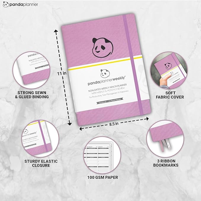 Panda Planner Mental Health Journal – 8.5” x 11" Soft Fabric Hardcover Wellness Planner with Mood Tracker & Daily Reflection Prompts – Undated 12-Month Self-Care Organizer with 3 Bookmarks (Pink)