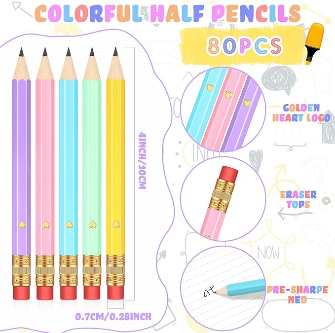 Nezyo 80 Pcs Mini Golf Pencils with Eraser 2 HB 4 Inch Half Pencils Hexagon Pre-sharpened Color Pen for Bridal Wedding Classroom School Office(Candy Color,Heart Style)