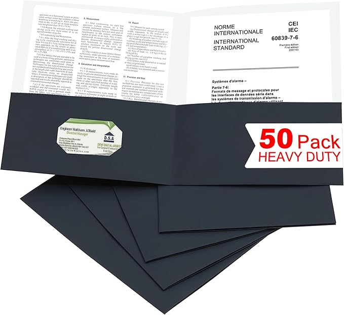 Zzrywuty 50 Packs Two Pocket File Folders with Business Card Slot,Textured Paper,Letter Size,Holds 100 Sheets for School,Office,Business,Black