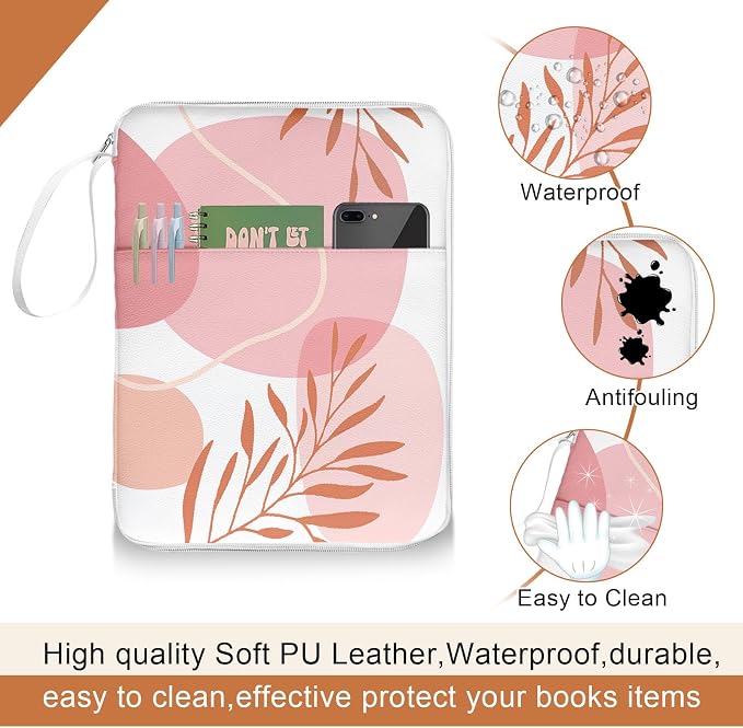 Palm Leaf Book Sleeve Pouch For Women, Paperback Book Protector Case with Zipper, PU Leather Waterproof Book Pouch, Tropics Plants Prints Book Carrying Case for Book Lovers Hardcover Girl Pink