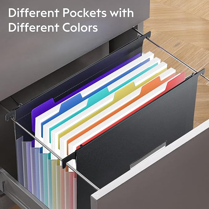 Expanding Hanging File Folders, Plastic Filing Cabinet Organizer 7 Pockets 1.2" Accordion Drawer Organizer Insert Filing Folders Dividers with Colorful Tabs, Letter Size 1 Pack