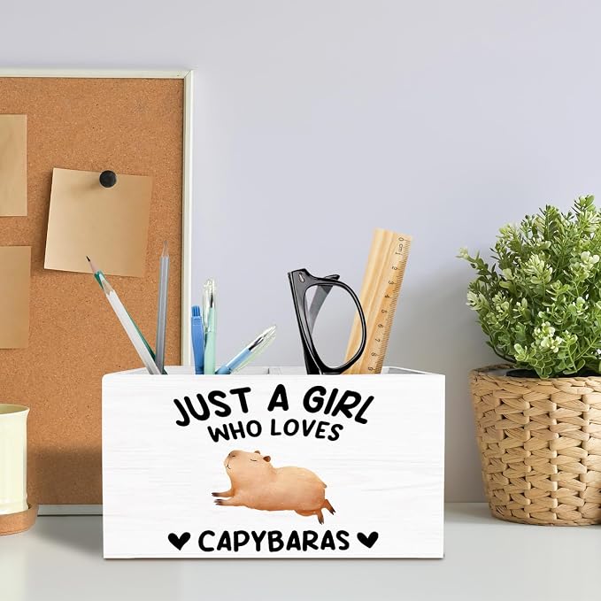 Funny Capybara Pen Holder for Desk, Capybara Lover Gifts Pencil Organizer, Just a Girl Who Loves Capybaras Wooden Box Sign Desk Decor for Home Office Decoration
