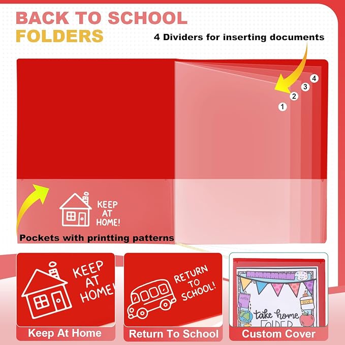 24 Pcs Back to School Take Home Folders for Elementary Students 2 Pocket Folders with Clear Front Pocket 4 Inner Pockets Plastic Parent Teacher Communication Folder 11.81 x 9.45 Inch (Red)