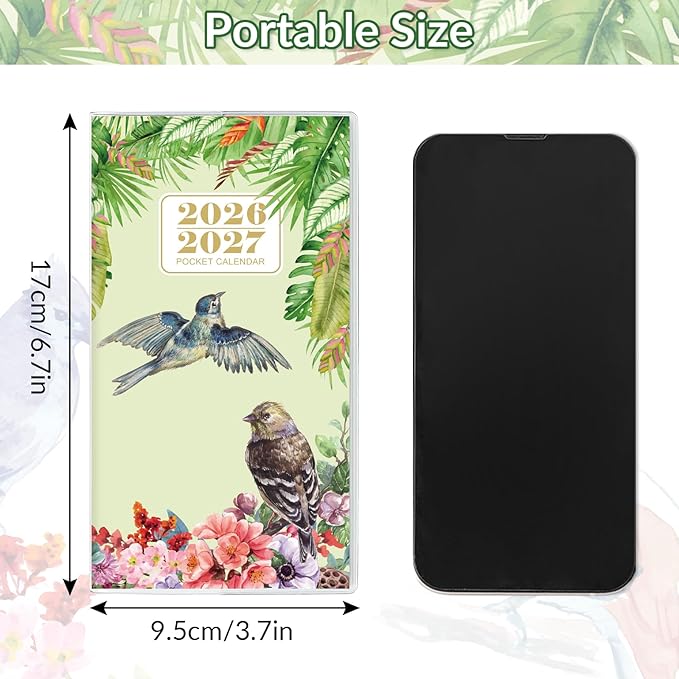 Pocket Calendar 2026-2027, Monthly Planner 2026-2027 - Runs from January 2026 Until December 2027-6.7" x 3.7", Bird Calendar Planner with PVC Cover for Planning, Organizing and Office
