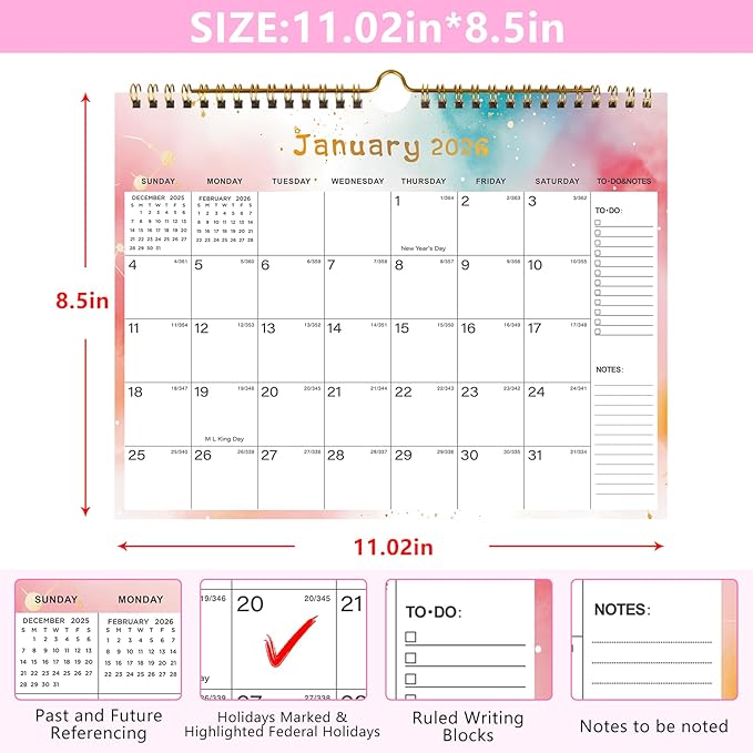 2026-2027 Wall Calendar - Includes January 2026 to June 2027, 18-Month Paper Wall Calendar 11 x 8.5 Inches.Thick Paper with Julian Dates and Block for New Year and Christmas Holidays To-dos ＆ Notes (J)