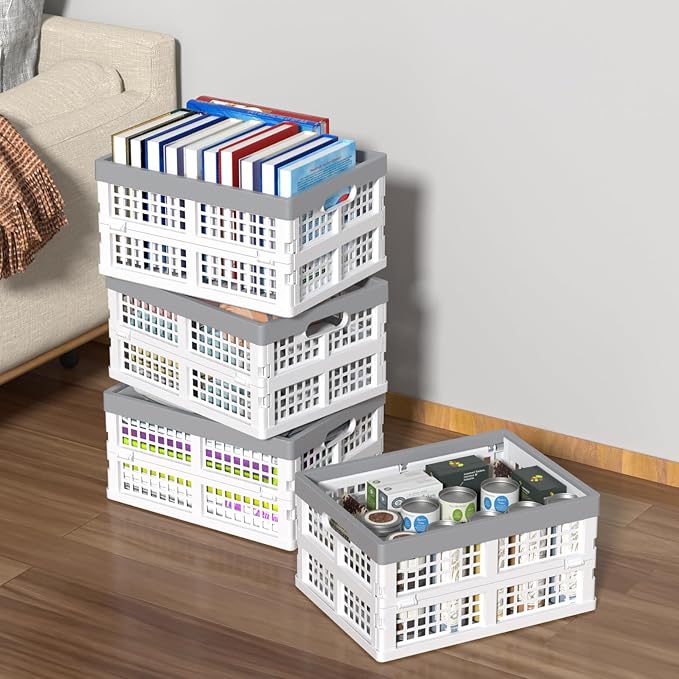15L Plastic Collapsible Crates, Folding Storage Basket Bin, Pack of 4