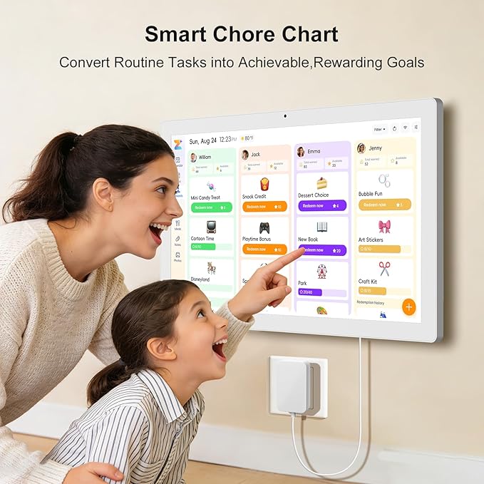 JSUSOU 27 Inch Smart Digital Calendar Touch Screen with Free APP - Family Organizer with Chore Chart, Meal Planner & Rewards System, Interactive Display, in Portrait/Landscape, White