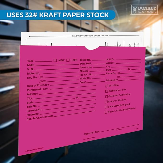 Printed Vehicle Deal Envelopes 9x12 Deal Jackets (100 shrink wrapped) (Fuchsia)