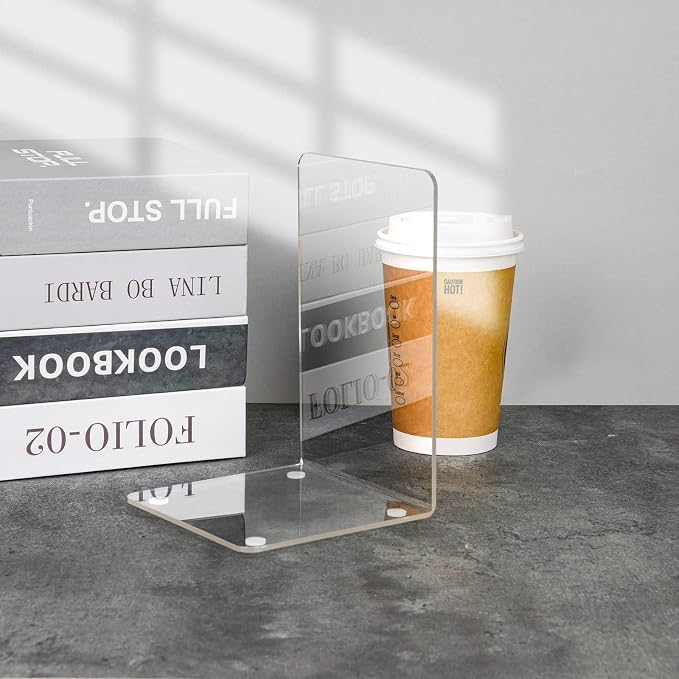 Adwikoso Clear Acrylic Book Ends, 16 Pcs Bookends for Shelves, Non-Slip Book Holder Stand, Decorative Book Stoppers for Heavy Duty Books Office Desktop Organizer