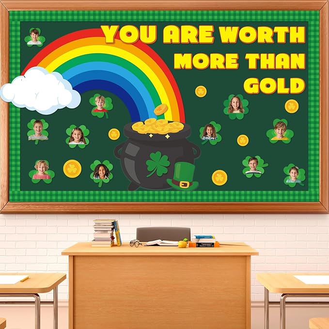 Lonfliness 111Pcs St. Patrick's Day Bulletin Board Classroom Decorations Shamrock Cutouts Gold Coin Bulletin Board for Teacher Nursery Classroom Door Wall Craft Photos Decor St. Patrick Party Supplies