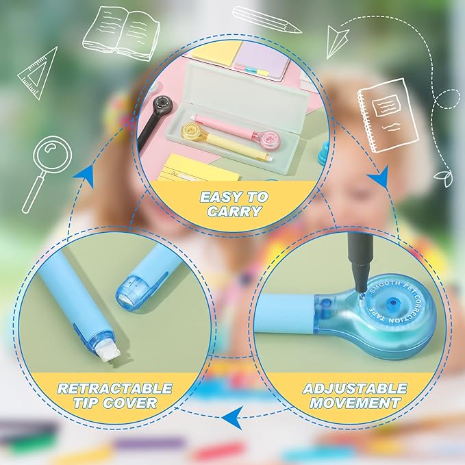 Gersoniel 10 Pack Correction Tape Pen Correctional Ink Tape Push Pull Protective, Easy to Use Applicator for School Office Supplies, 0.2 x 236 Inch (Bright Color)