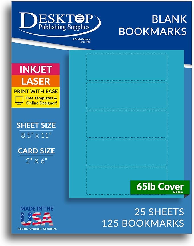 Printable Bookmarks - Blank Bookmark Printing Paper for Inkjet & Laser Printers - 2" x 6" Perforated Bookmarks 5 per Page - 25 Sheets / 125 Book Marks (Topaz Blue)