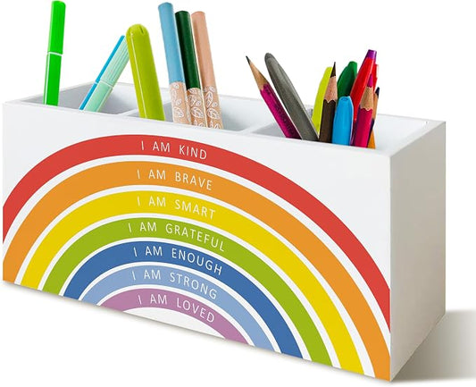 Boho Rainbow Positive Affirmations Pen Pencil Holder for School Classroom Office Desk, Book Center Calming Corner Playroom Decor, Inspirational Makeup Brush Toothbrush Holder Organizer