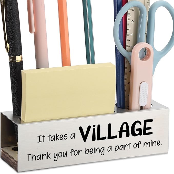 Stainless Steel Pencil Holder with "It Takes a Village" Quote, Thank You Gift for Teacher Coworker Mentor Friend, Office Desk Organizer for Sticky Notes Pens Scissors Ruler, Work Decor - FBA389
