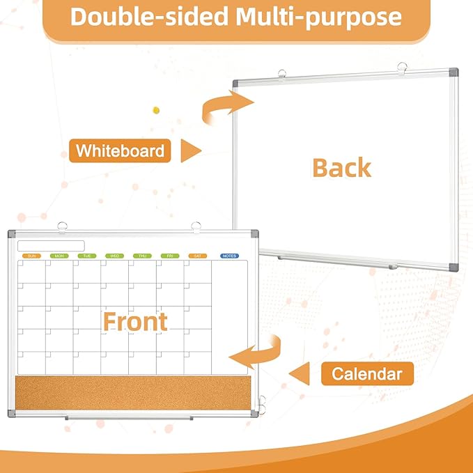 Dry Erase Calendar Whiteboard for Wall, WALGLASS 24" x 18" Double-sided Monthly Calendar White Board Cork Combo, Hanging Wall Mounted Bulletin Corkboards Silver Aluminum Frame for Home, Office, School