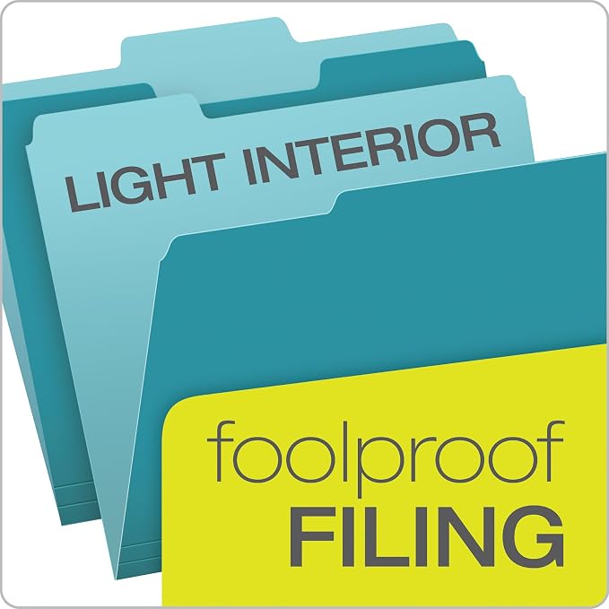 Pendaflex Colored File Folders, 100 Pack, Letter Size (8.5" x 11"), Durable Teal Folders, 3 Tabs for Easy Labeling, Colorful School, Office & Home Document Organization