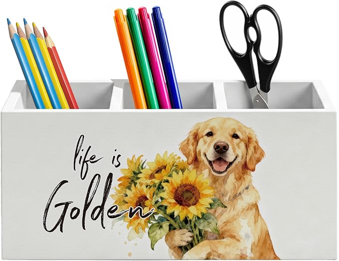 Sunflower Golden Retriever Pen Holder for Home Office Desk, Golden Retriever Gifts for Women, Life Is Golden Humorous Wooden Box Sign Pencil Holder for Desk Shelf Organizer