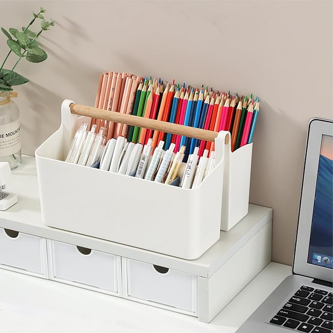 Desk Organizer, Pen Holder, Marker organizer with 8 Compartments - Portable Plastic Pencil Storage Box for Office Supplies, Art Materials, Home Organization (White Large)