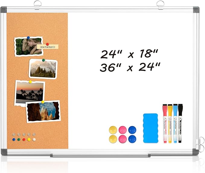 WALGLASS Dry Erase Cork Board Combo, 24"X18" White Bulletin Board for Wall, Magnetic Corkboard Whiteboard Combination, Vision Board for Office, Home, School