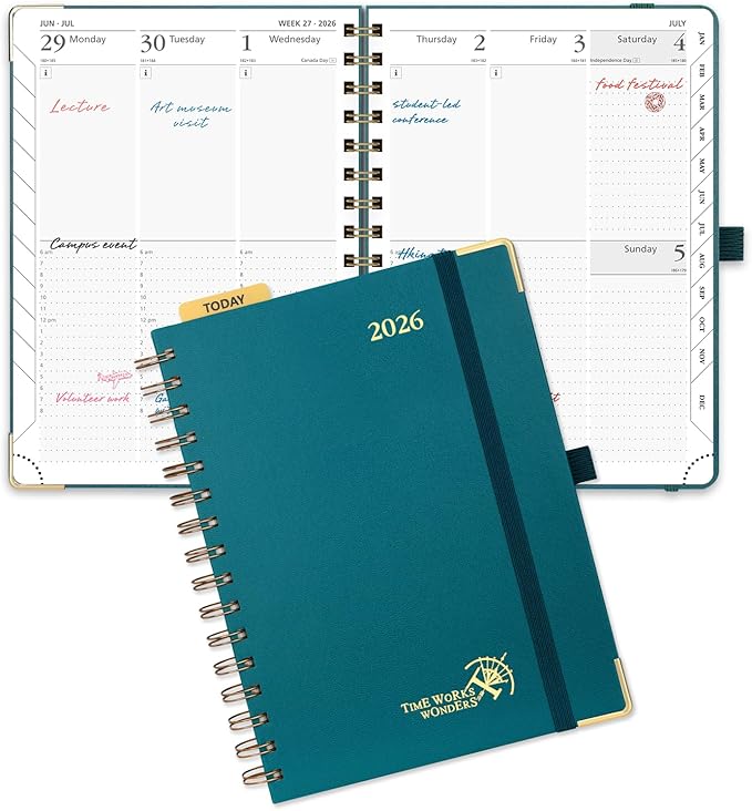 POPRUN 2026 Planner Daily Weekly and Monthly Calendar with Hourly Schedule(Medium Size 8.5'' x 6.25'' Wire-Bound Hard Cover) - Agenda 2026 (Jan.2026-Dec.2026), Monthly Tabs - Pacific Green