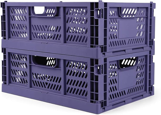 Domiella 2-Pack Crates for Storage, Storage Crates Plastic Stackable, Foldable Crate for Office Home Kitchen Bedroom Bathroom (Large, Blue)