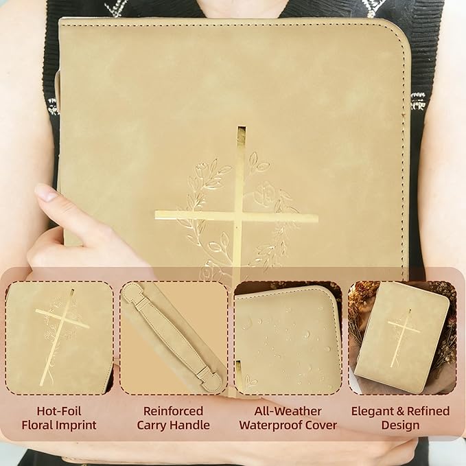 Bible Cover Case for Women, Bible Bag with Phone Pocket, PU Leather Large Carrying Book case with Minimalist Debossed Design – Christian Bible Accessories for Girls & Women (Beige)