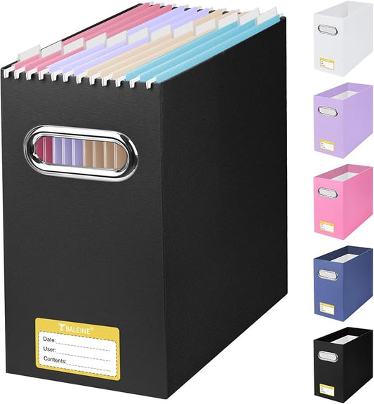 BALEINE File Organizer Box, Cardboard File Folder Organizer with Handle for Letter Size, Portable Collapsible Hanging Filing Box for Home Office Document Storage (1 Pack, Black)