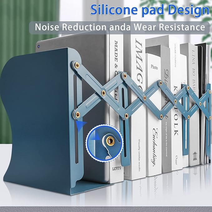 Non Skid Book Ends to Hold Books, Carooyac Heavy Duty Bookends Adjustable Book End, Metal Bookends for Shelves, Blue Book Holders Organizer for Bookshelf Desk - Extends up to 19"
