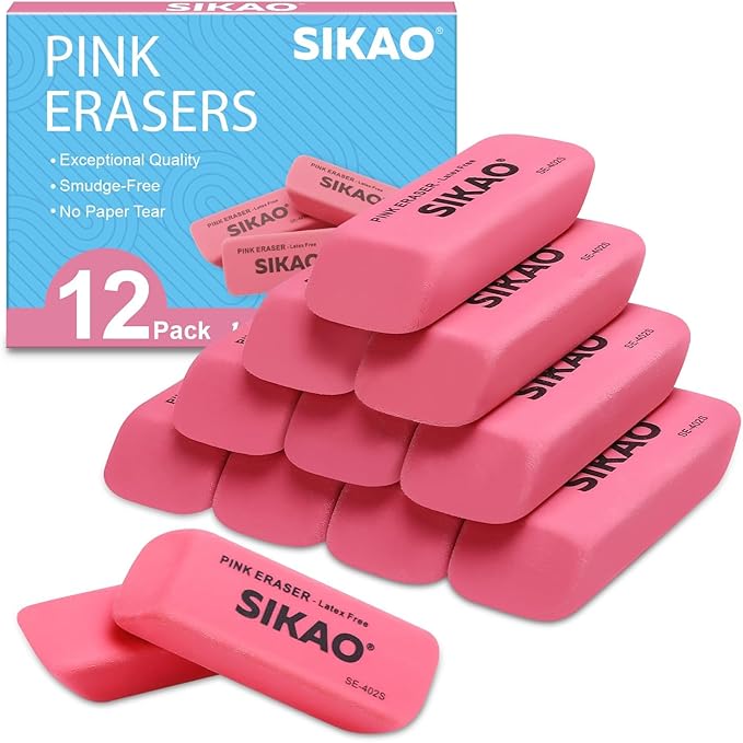 Pink Erasers, 12 Pack Pencil Erasers for Kids – Latex-Free & Smudge-Free Beveled Rubber Erasers for School Supplies, Classroom, Art & Homework