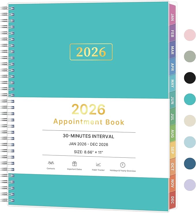 2026 Appointment Book, 30 Minutes-Hourly, Weekly ＆ Monthly Calendar Planner 2026, Jan 2026 - Dec 2026, 8.5'' x 11'', 2026 Daily Planner with Tabs ＆Pocket, Flexible Cover, Great for Office, Home, School