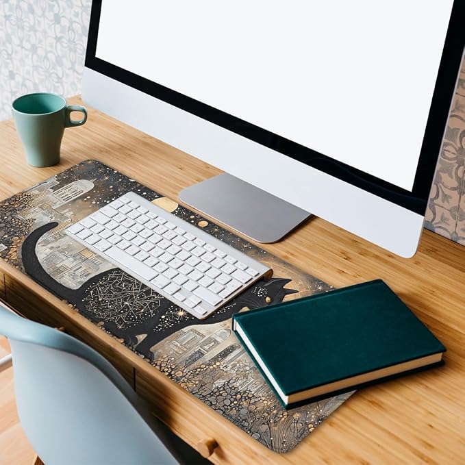 Galaxy Cat Desk Mat Gaming Mouse Pad Mystic Night Celestial Art Extended Gaming Mousepad Mat with Stitched Edge Non-Slip Base Big Mousepad Office Home Decor for Women Girl 31.5"x11.8"