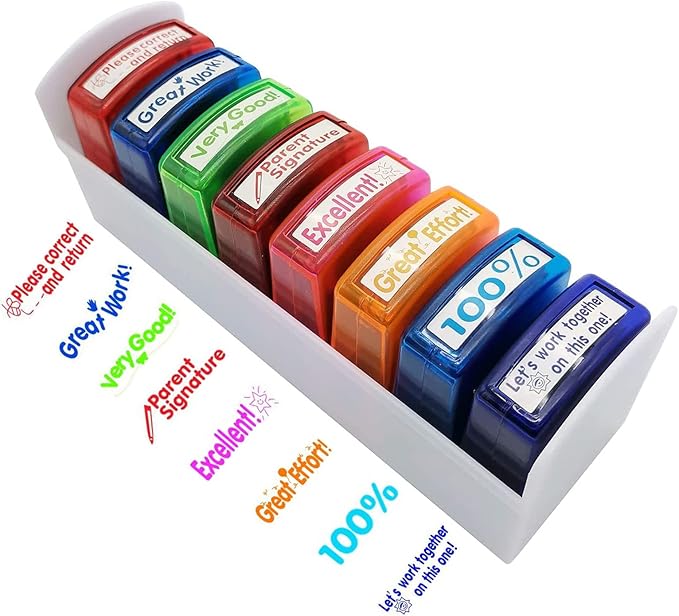 Teacher Stamps - 8pcs Self Inking Motivational Encouraging and Colorful Set for Parent and Home Setting