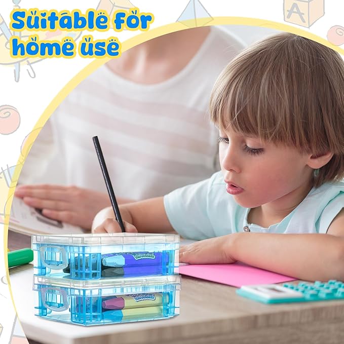 Suzile 12 Pcs Plastic Clear Crayon Box with Lids Stackable Blue Crayon Organizer Storage Holder Container Bulk Hard Pencil Case for School Classroom Office Supplies Pen Pencil Art Crafts